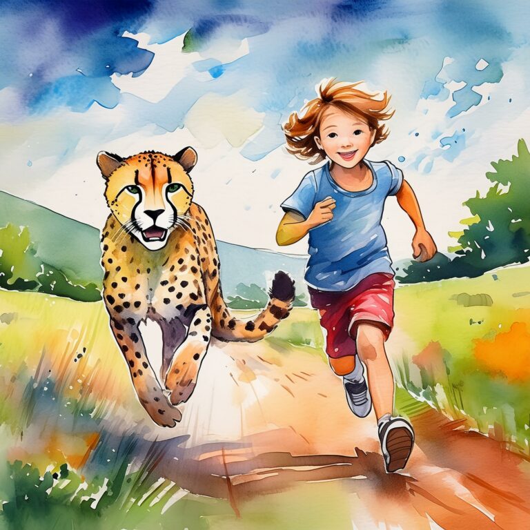 Un enfant et un guépard font la course.