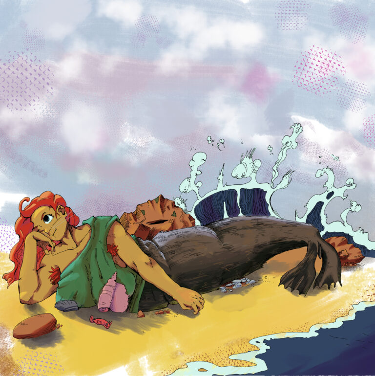 Une sirène poilue allongée sur la plage