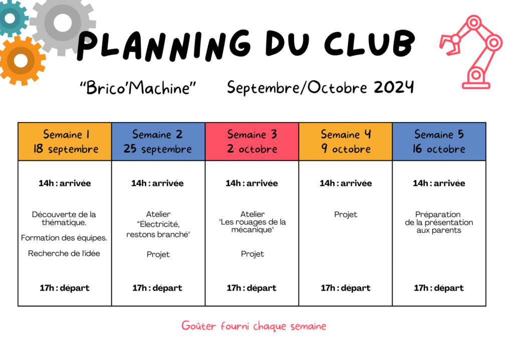 Planning du club de septembre de l'association Délires d'encre