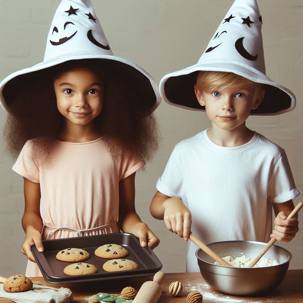 Des enfants concoctent leur goûter en portant des chapeaux de sorciers.