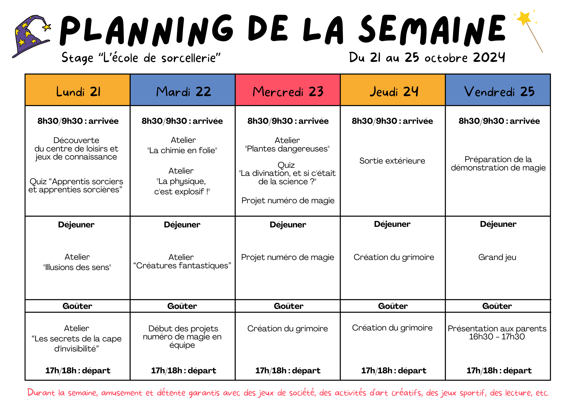 Planning des ateliers et expériences du stage à Labège.